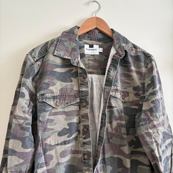 Topman Long Sleeve Front Button Canvas Shirt Camo Green Men’s Size M - Picture 3 of 8